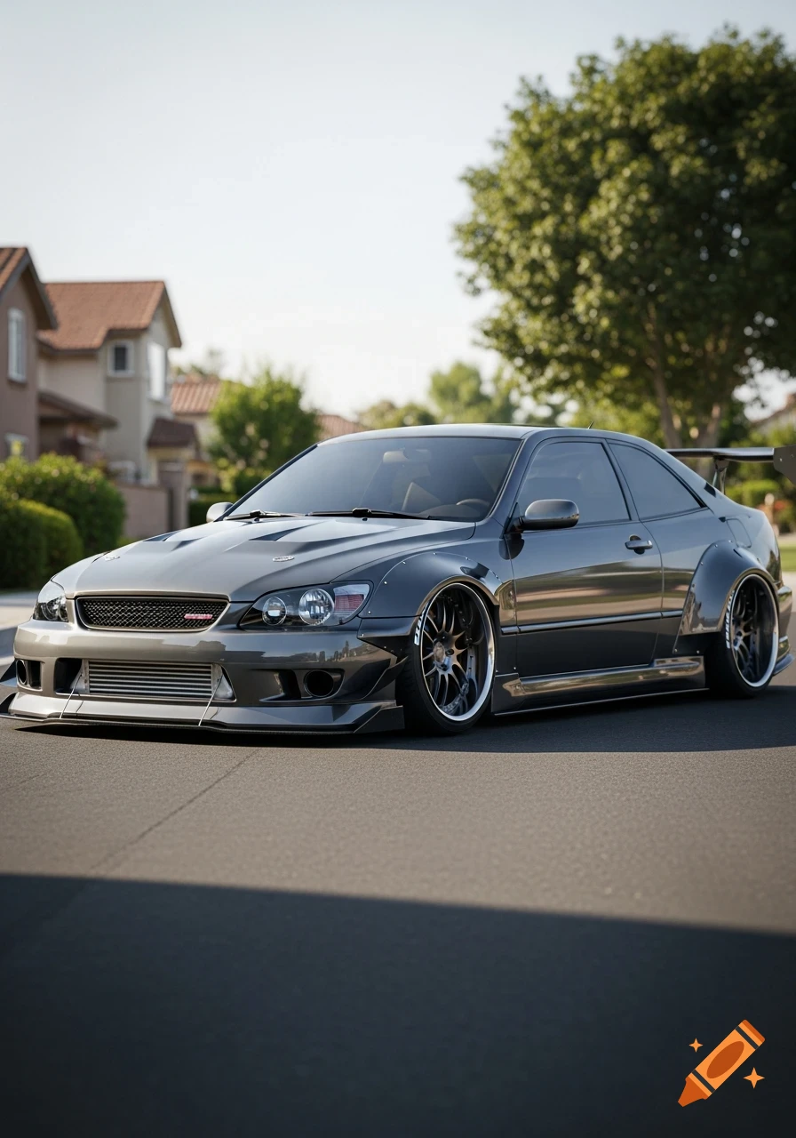 A sleek dark gray custom Lexus IS300 coupe with wide body fenders and a large spoiler, parked on a suburban street in a hyper-realistic style.