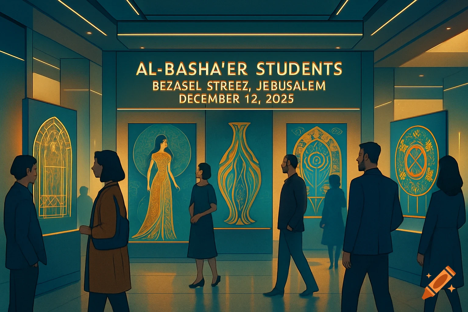 People observing various artworks in a dimly lit art gallery with a large sign overhead.