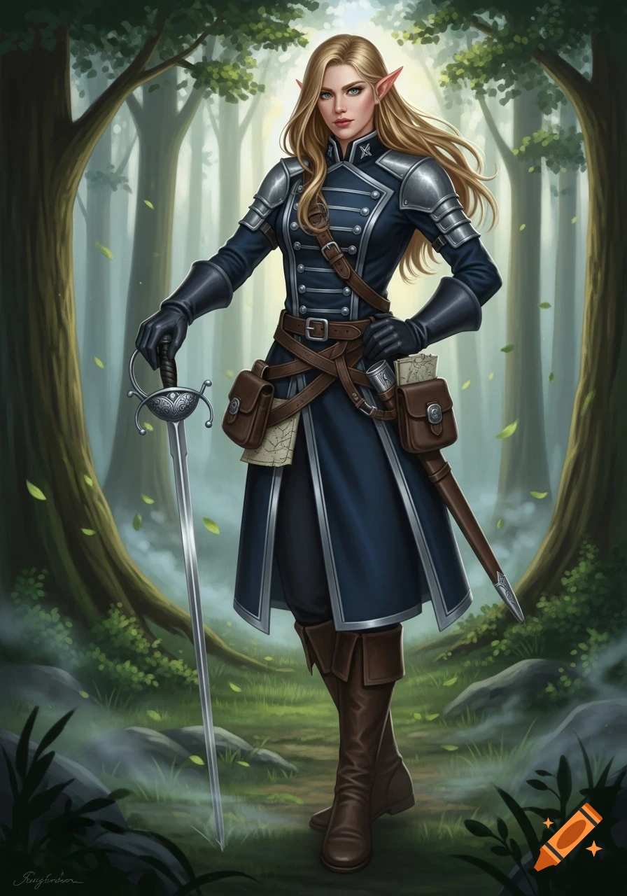 A blonde female elf in a blue officer's uniform and armor stands in a forest, holding a sword.