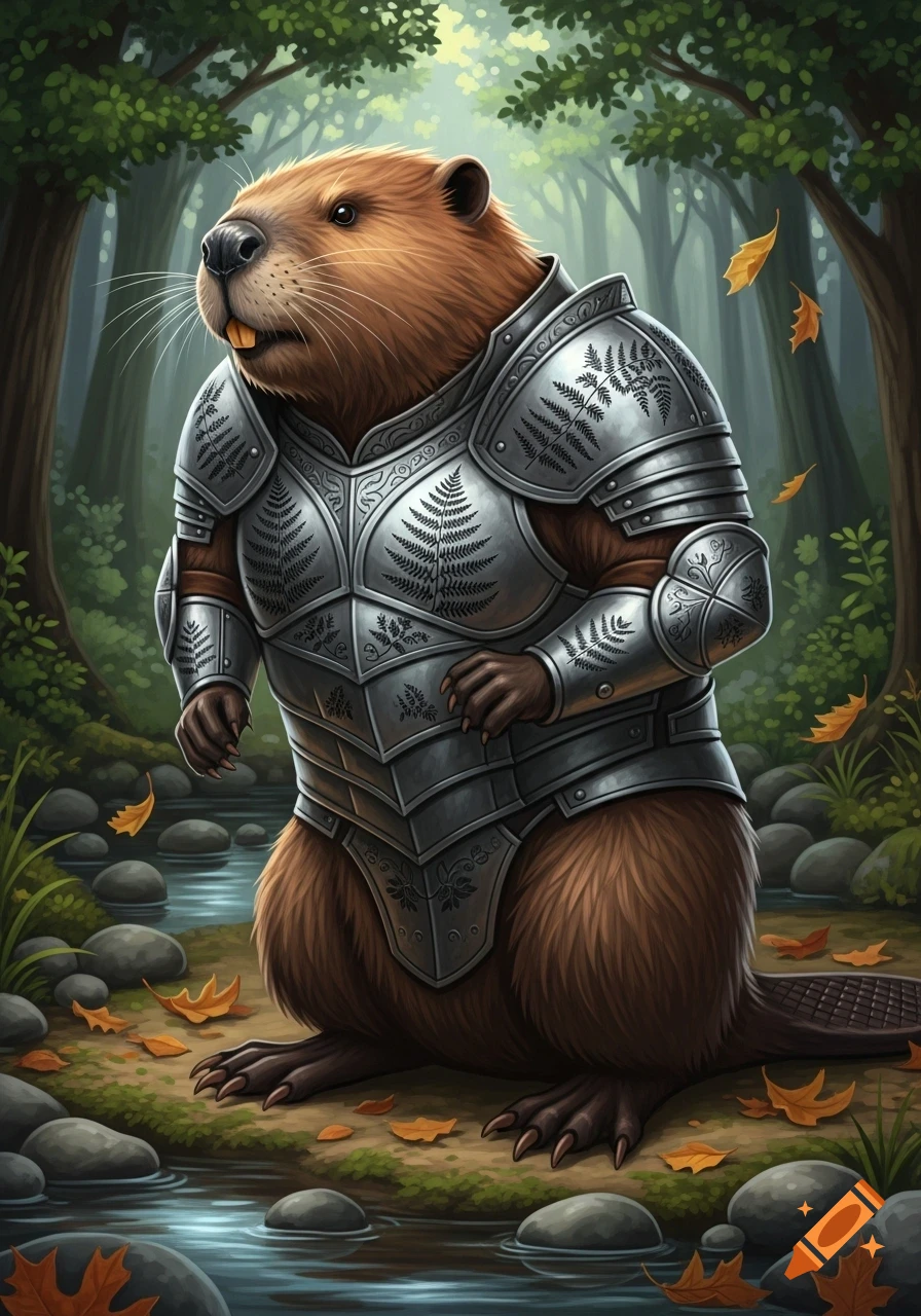 A brown beaver wearing elaborate silver armor with fern patterns stands by a forest stream with fallen autumn leaves.
