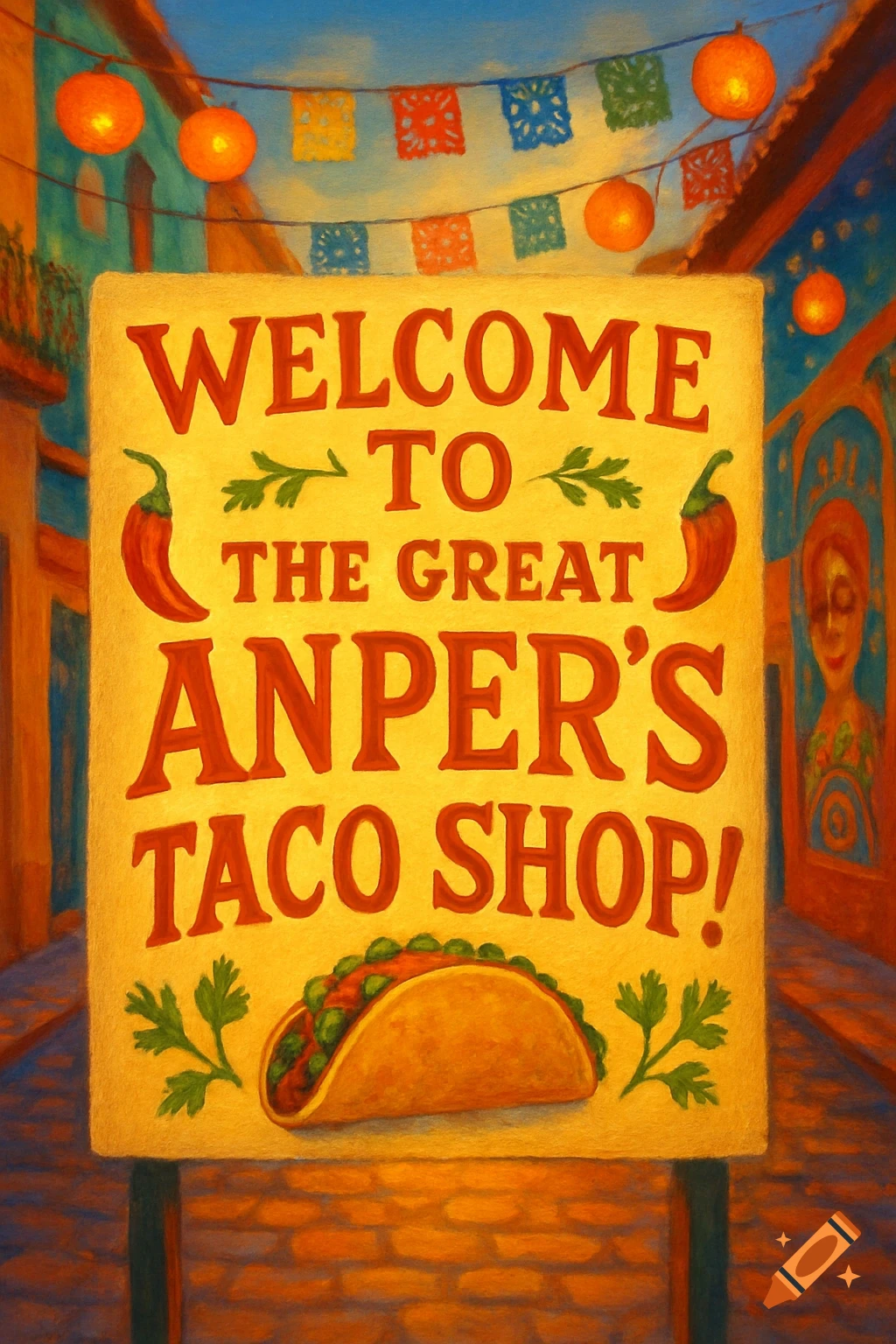 A vibrant, painterly sign for "Welcome to The Great Anper's Taco Shop!" featuring chili peppers and a taco, set on a colorful street with lanterns and papel picado.