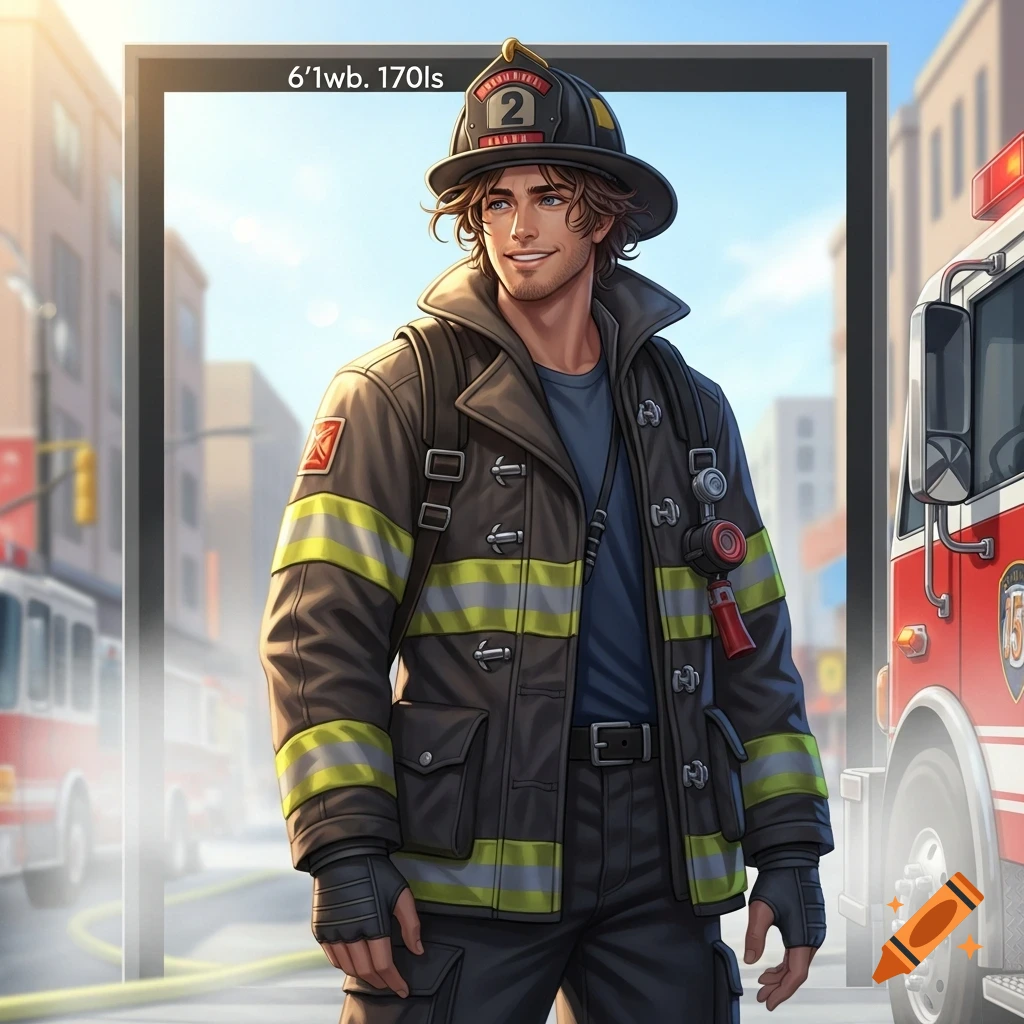 A handsome, happy male fireman with brown hair, wearing a dark uniform and helmet, stands in a city street beside a red fire truck in an illustrated style.