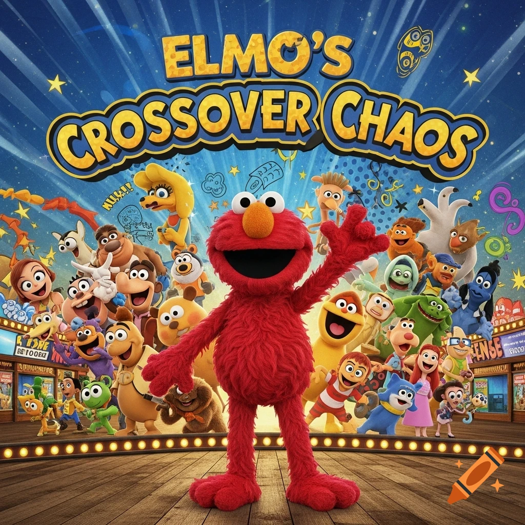 Vibrant movie poster for 'Elmo's Crossover Chaos' with Elmo on a stage surrounded by numerous diverse animated characters.
