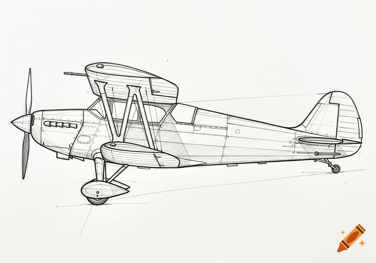 Pencil sketch of a biplane aircraft in side profile against a white background.
