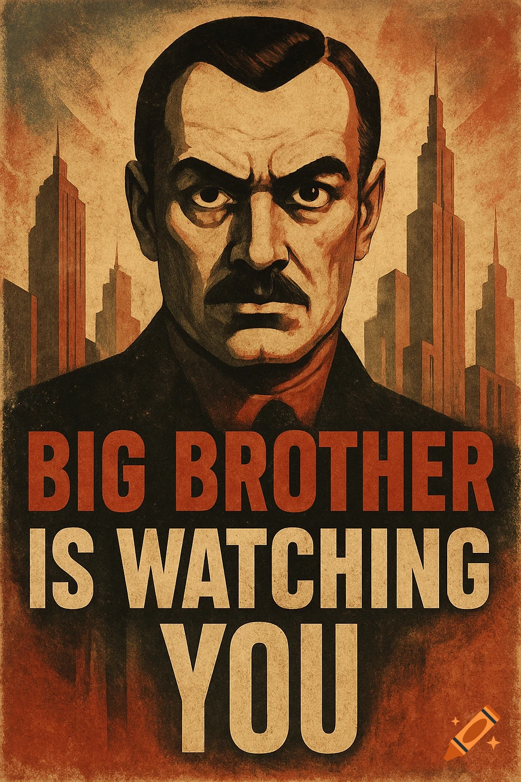 A vintage-style propaganda poster features a stern man with a mustache, city skyscrapers, and the text "BIG BROTHER IS WATCHING YOU".