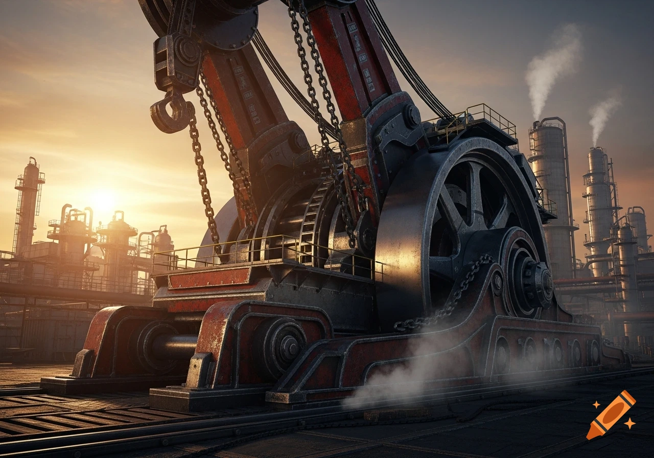 A massive, rusty industrial crane with large gears and chains, set against a sunset sky over a factory.
