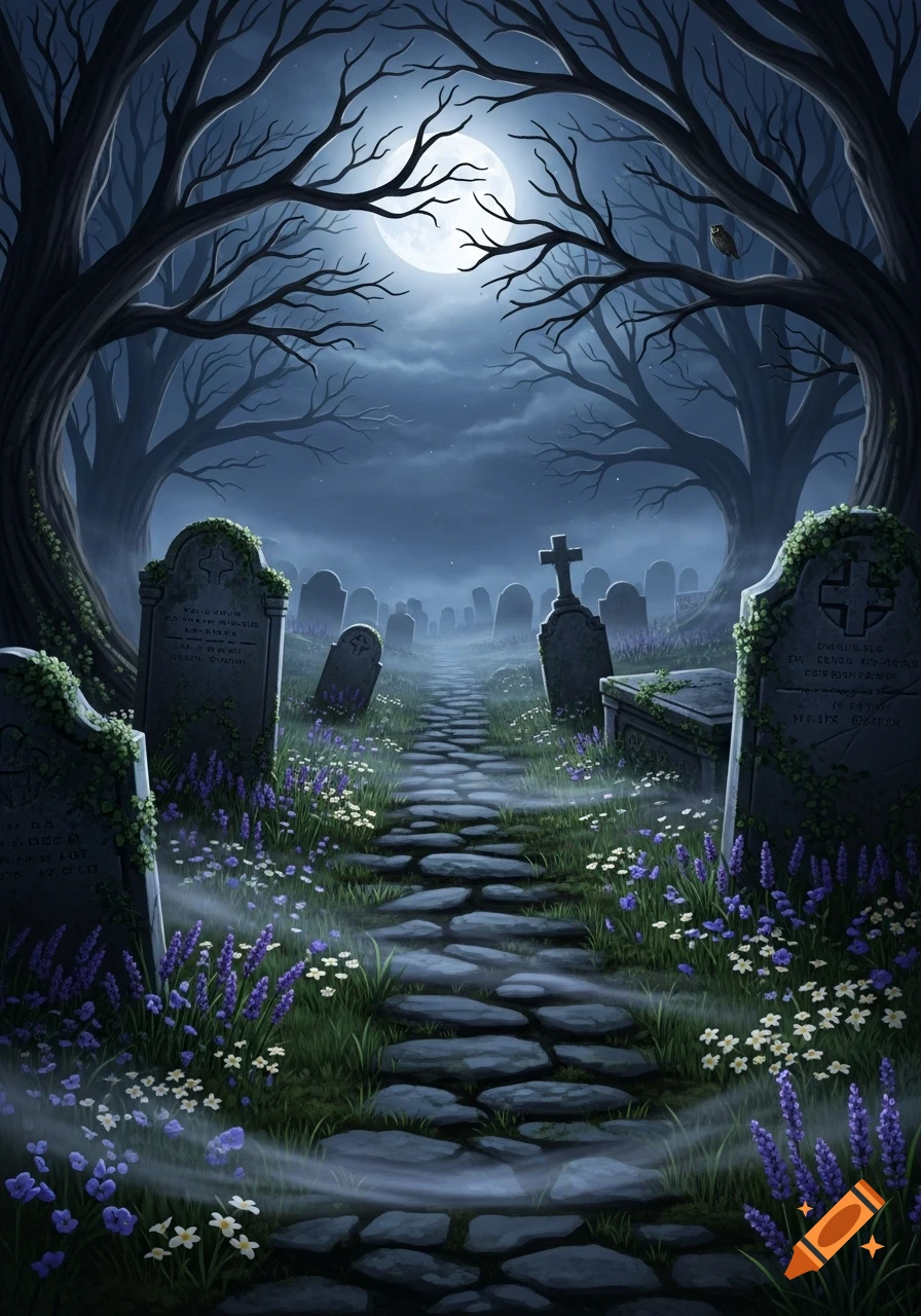 A moonlit cobblestone path winds through an old graveyard with many moss-covered gravestones, bare, twisted trees, and scattered flowers under a dark, cloudy sky.