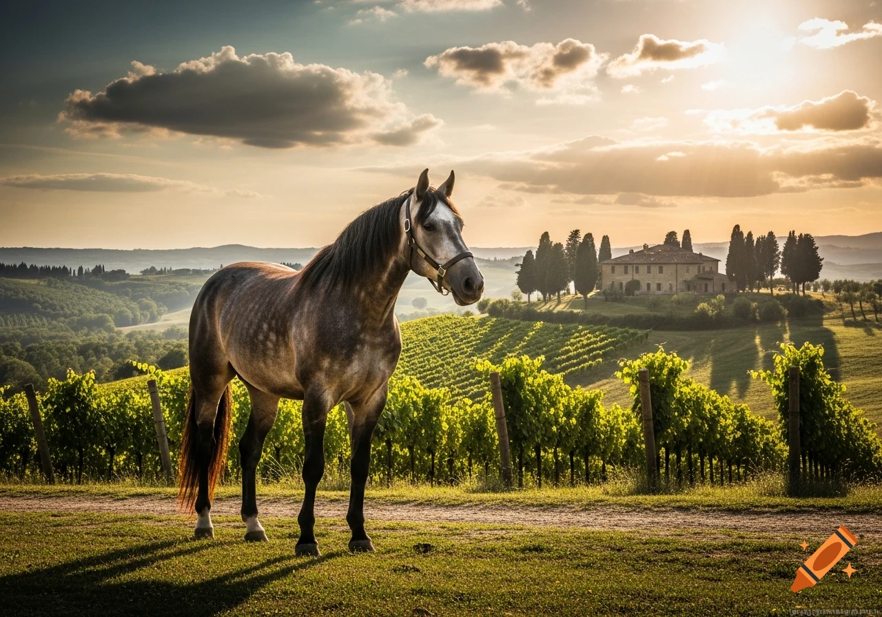 A horse stands in a sunlit Tuscan vineyard with a traditional villa and rolling hills in the background.