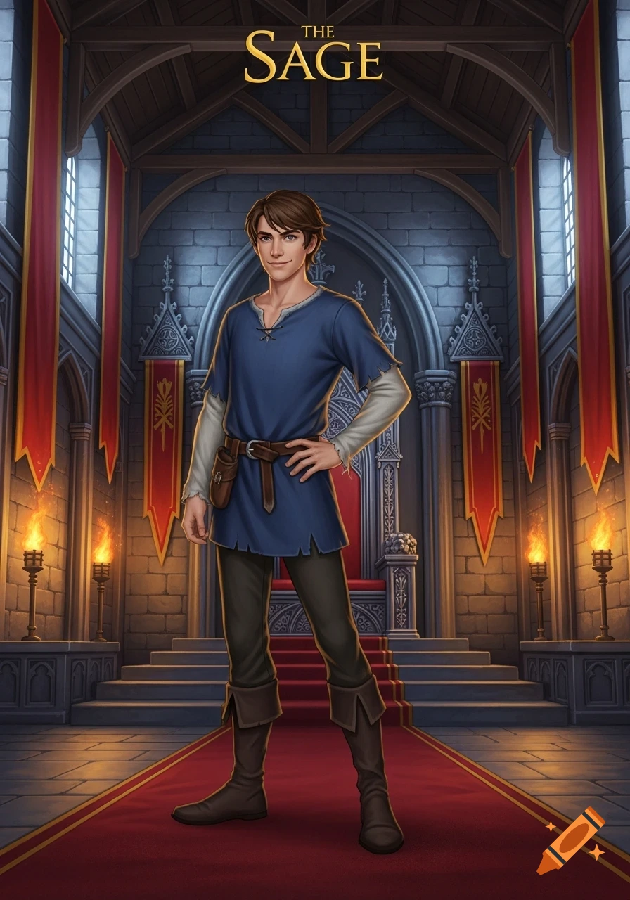 A young man with brown hair in a blue tunic and brown clothing stands confidently in a grand castle hall with a red carpet.