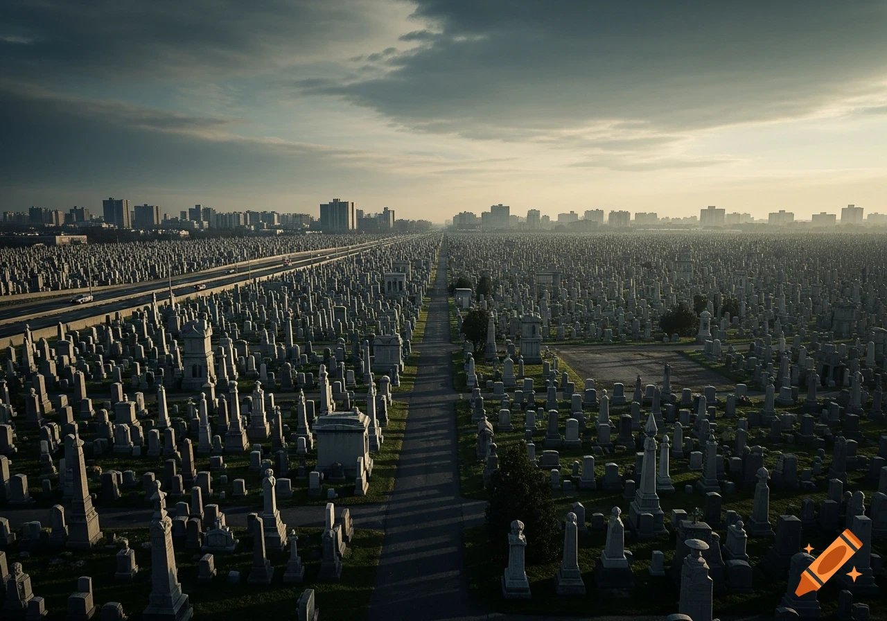 An aerial view of an expansive cemetery with thousands of gravestones stretching to the horizon, a highway running through it, and a city skyline in the background under a cloudy sky.