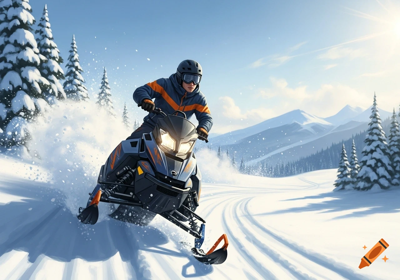 A person on a snowmobile rides through snowy mountains, kicking up snow, in a bright, dynamic shot.