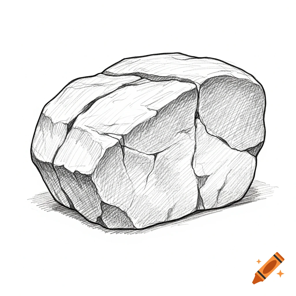A black and white pencil sketch of a large, rough, multifaceted rock with shading.