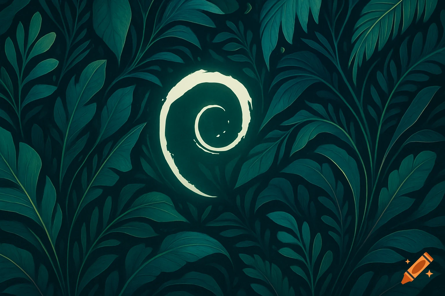 A glowing white Debian swirl logo nestled among dark green, stylized leaves on a dark background.
