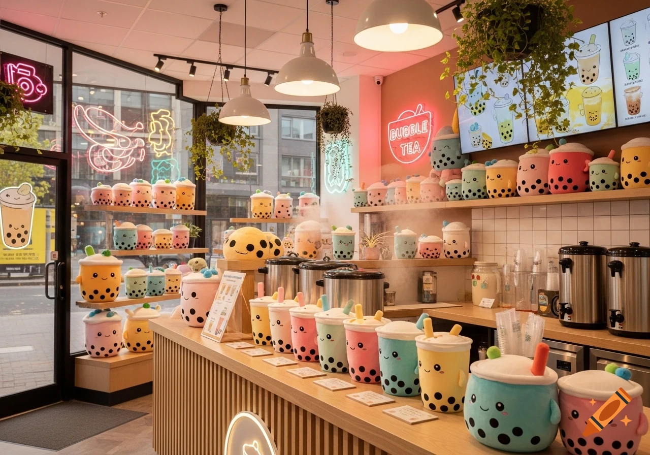 A brightly lit bubble tea store interior with a counter and shelves filled with colorful bubble tea plushies and equipment.