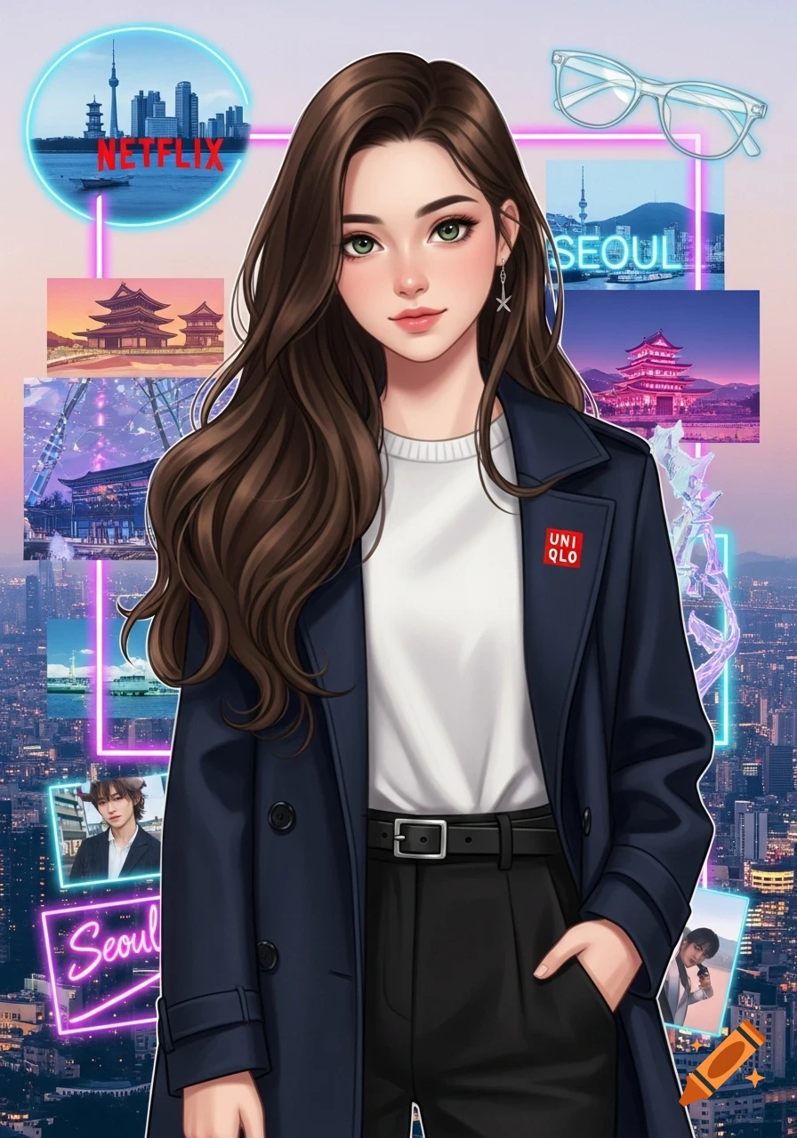 An anime-style girl with long brown hair and green eyes, wearing a white shirt and navy coat, against a neon-lit cityscape collage featuring Korean landmarks and text 'Netflix', 'Uniqlo', and 'Seoul'.