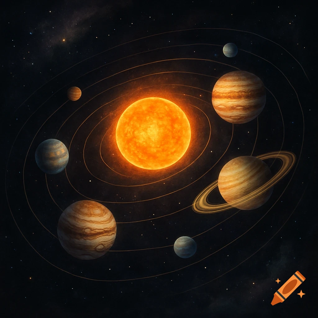 A vibrant orange sun with glowing flares at the center, orbited by several planets including striped gas giants and a ringed planet, against a starry space background.