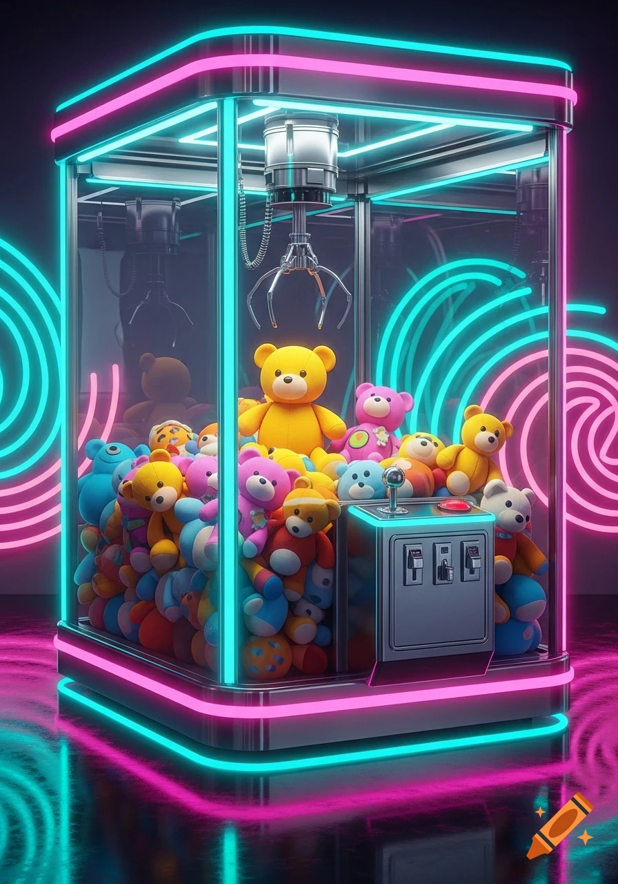 A glowing claw machine filled with colorful teddy bears, lit by neon pink and cyan lights in a dark arcade setting.