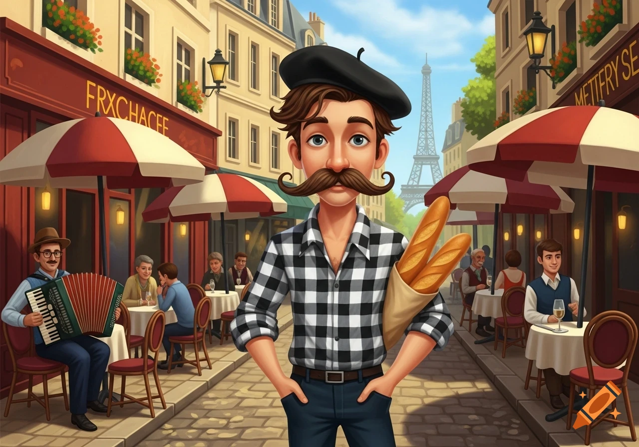 Cartoon man with beret, large mustache, and baguettes on a Parisian street with cafes and the Eiffel Tower in the background.