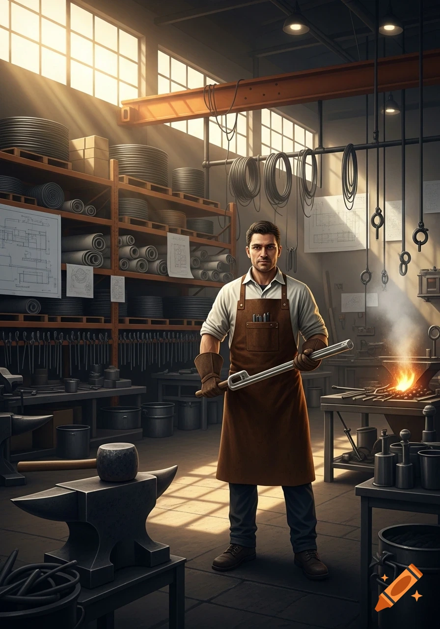 A man in a brown apron and gloves holds a metal tool in a sunlit blacksmith's workshop with an anvil and a glowing forge.