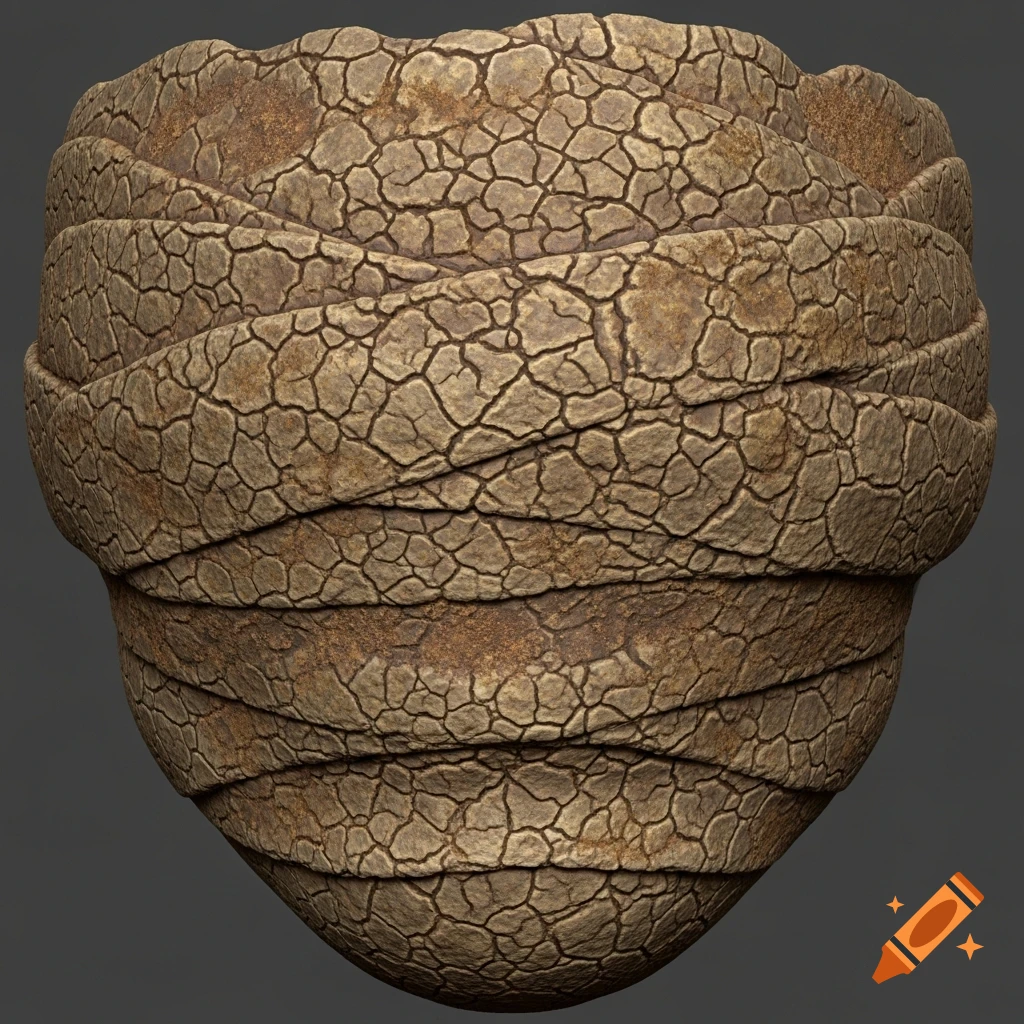 A detailed 3D texture of cracked, dry, mummified skin wrapped around an object, set against a dark grey background.