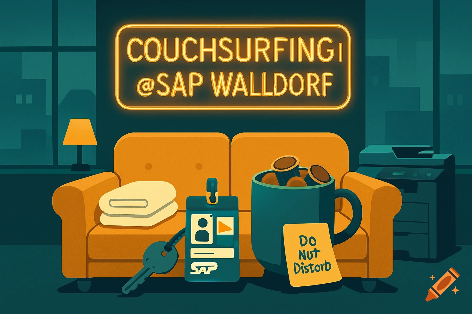 Humorous flat vector illustration of a comfy orange couch in a teal office at night. A neon sign above reads 'Couchsurfing @SAP Walldorf'. Props include an employee badge, a key, a mug with coffee pods, and a sticky note 'Do Nut Distorb'.