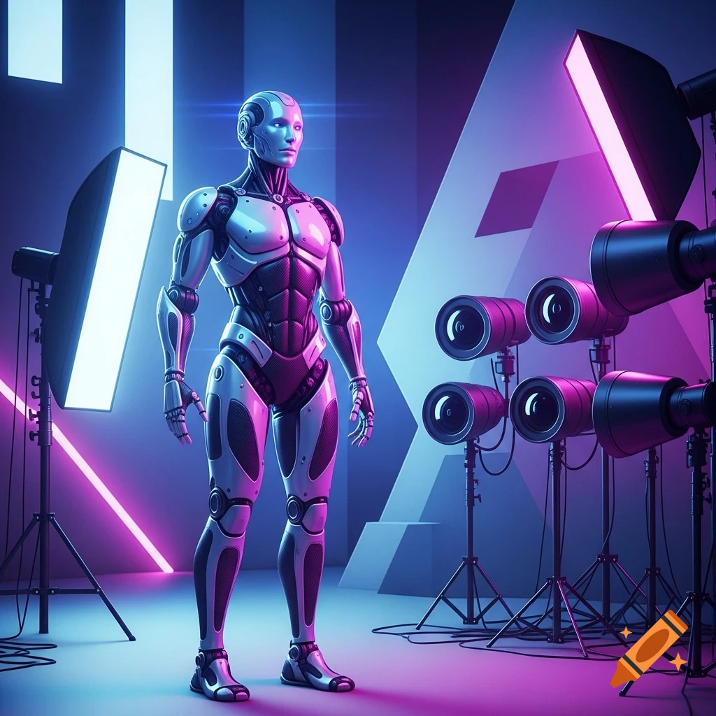 A stylized humanoid robot stands in a futuristic photo studio with vibrant neon lighting and professional camera equipment.