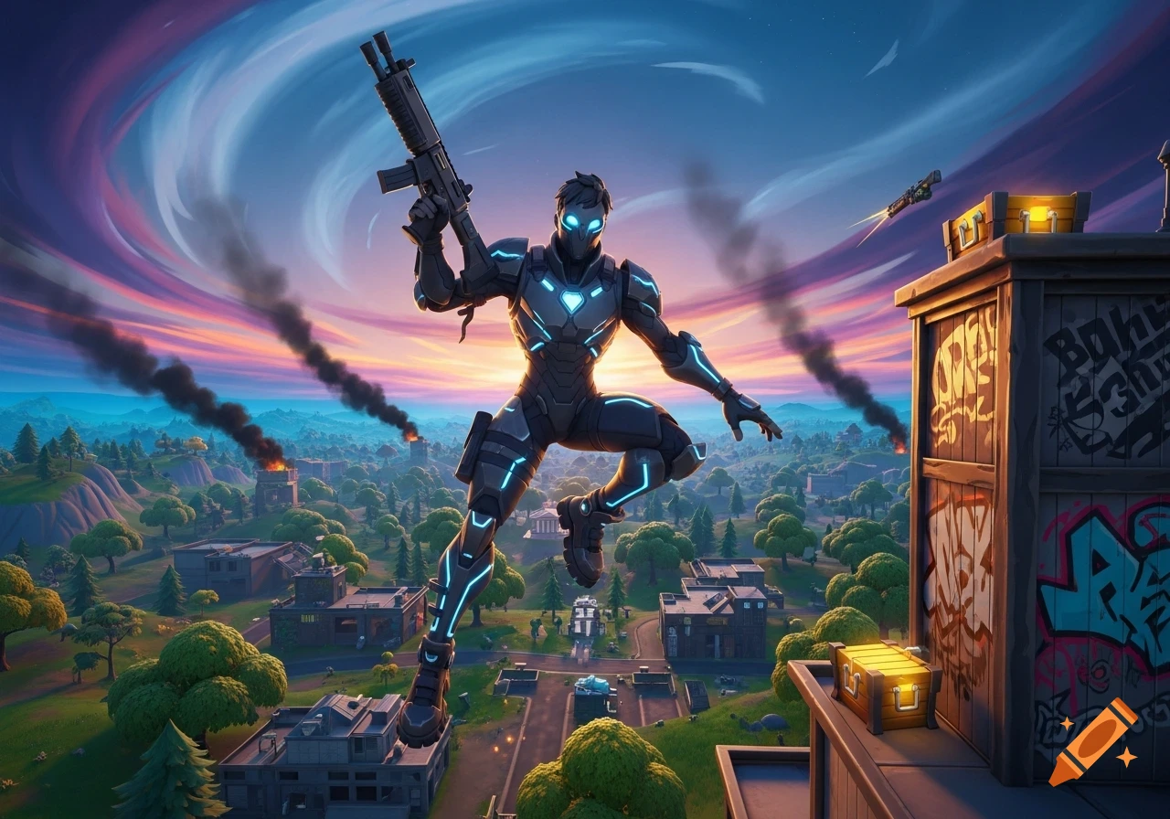 A Fortnite character in a glowing blue and black suit, holding a rifle, hovers above a war-torn city landscape at sunset, with smoke rising from burning buildings.