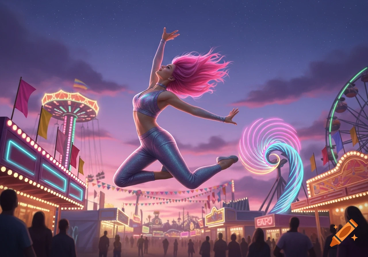 A woman with pink hair jumps in a sparkly outfit above a vibrant carnival scene with glowing rides at dusk.