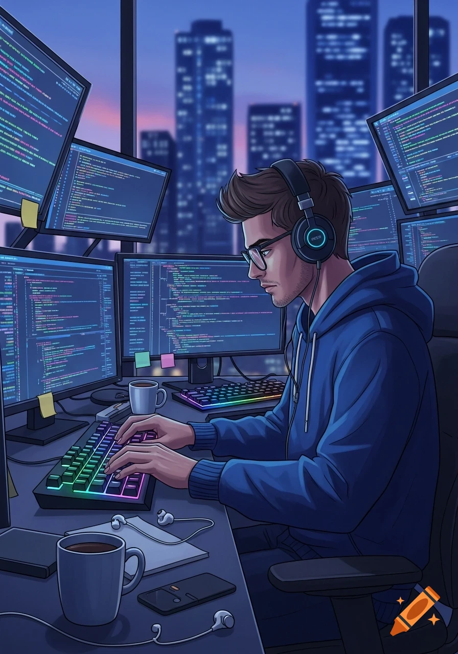 A young man wearing headphones and glasses, dressed in a blue hoodie, intensely types on a colorful mechanical keyboard surrounded by multiple computer screens displaying code in an anime style.