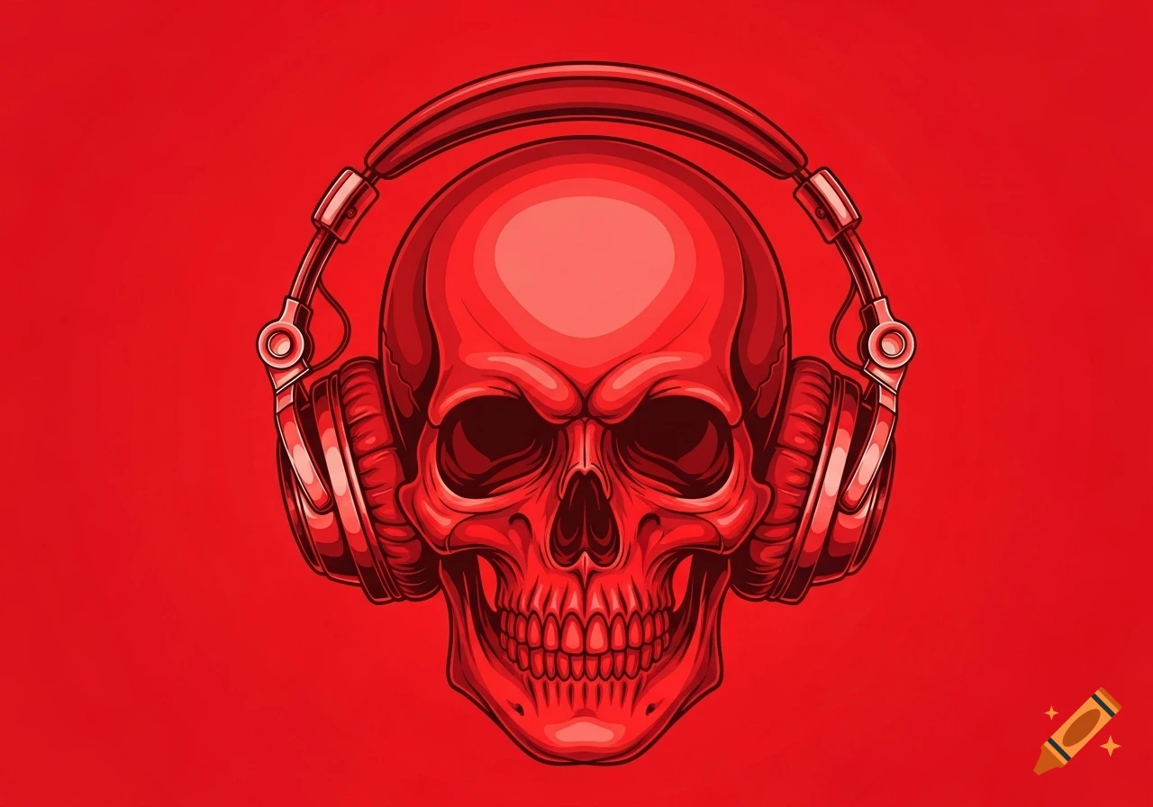 A stylized red skull wearing headphones on a solid red background, in a graphic design style.