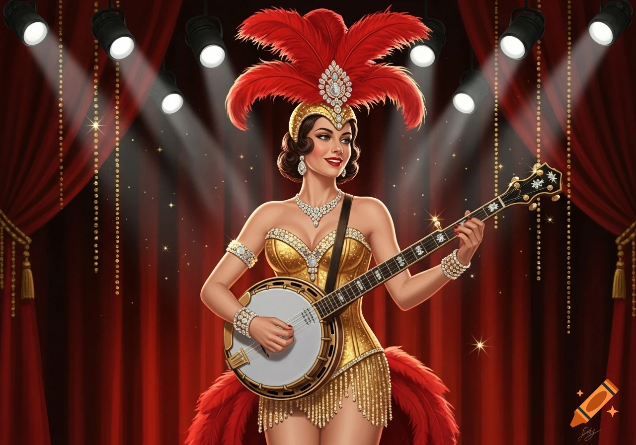 An illustrated burlesque showgirl in a gold sequined corset, red feathers, and jewelry plays a banjo on a stage with red curtains.