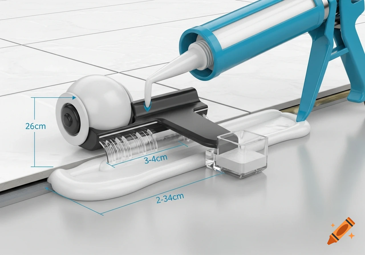 A blue caulking gun applies white sealant to tile joints with a specialized black and white smoothing and scraping attachment, shown in a clean 3D render.