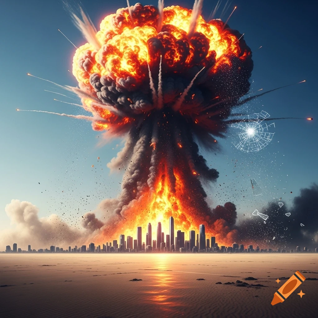 A colossal fiery explosion and mushroom cloud rises over a distant city skyline in a desert, with glowing reflections.