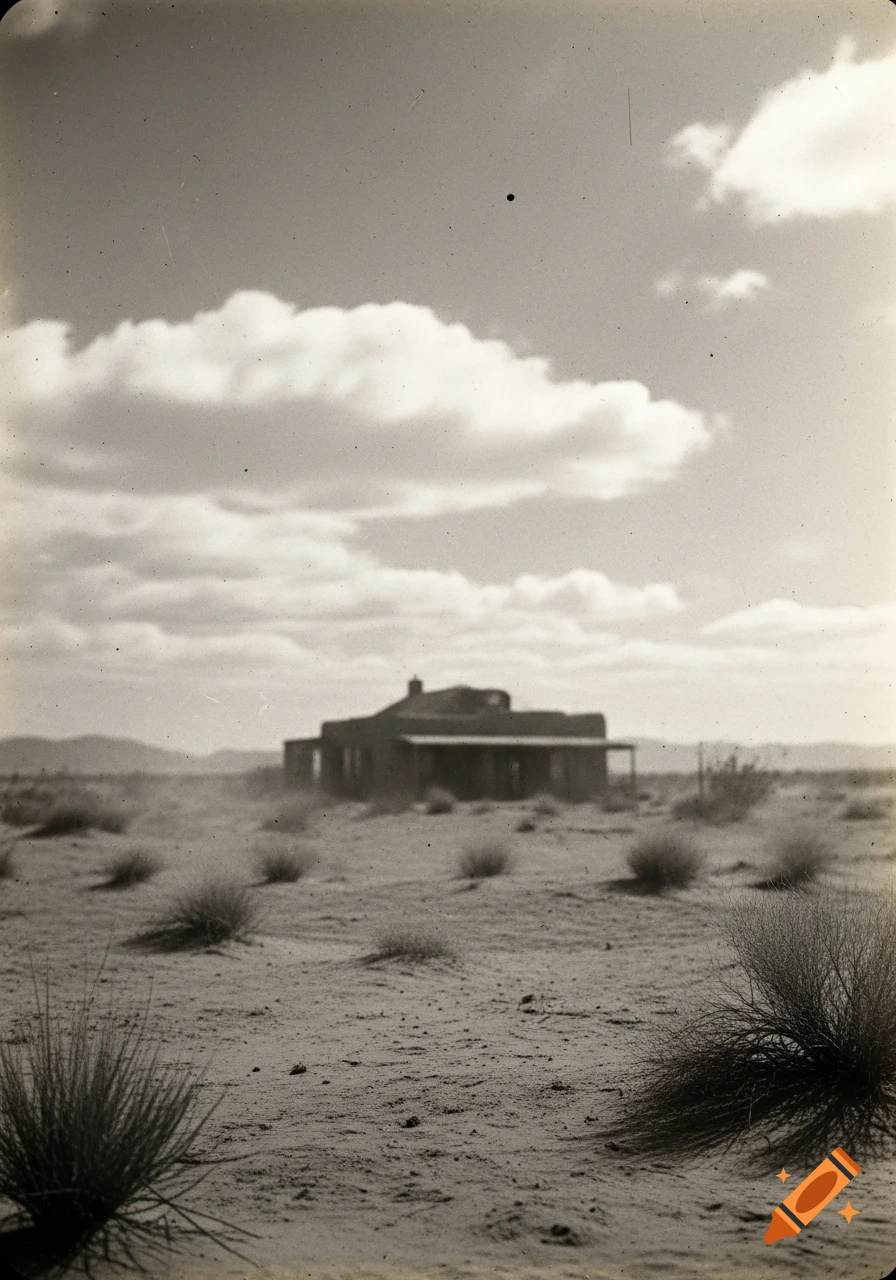 A hazy, sepia-toned vintage photograph of a solitary, weathered house in a vast, arid desert landscape with sparse brush under a cloudy sky.