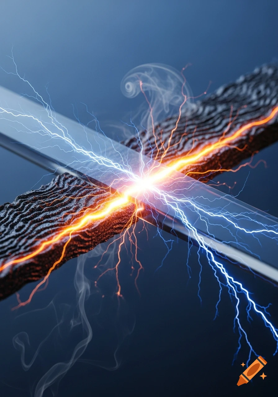 Abstract image of bright orange and blue lightning bolts meeting between two textured dark surfaces with smoke.