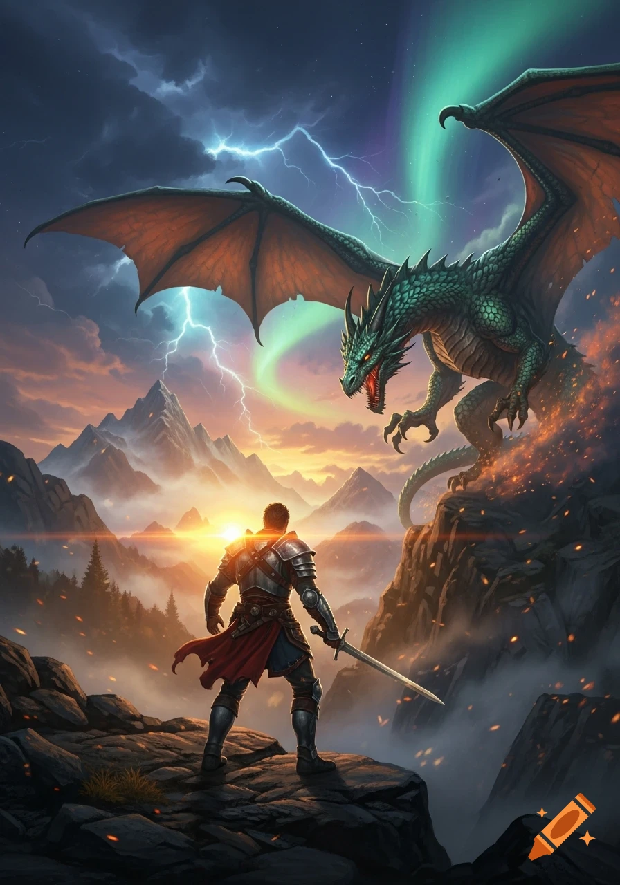 A knight in armor confronts a large green dragon on a mountain peak at sunset, with lightning and aurora borealis in the stormy sky.