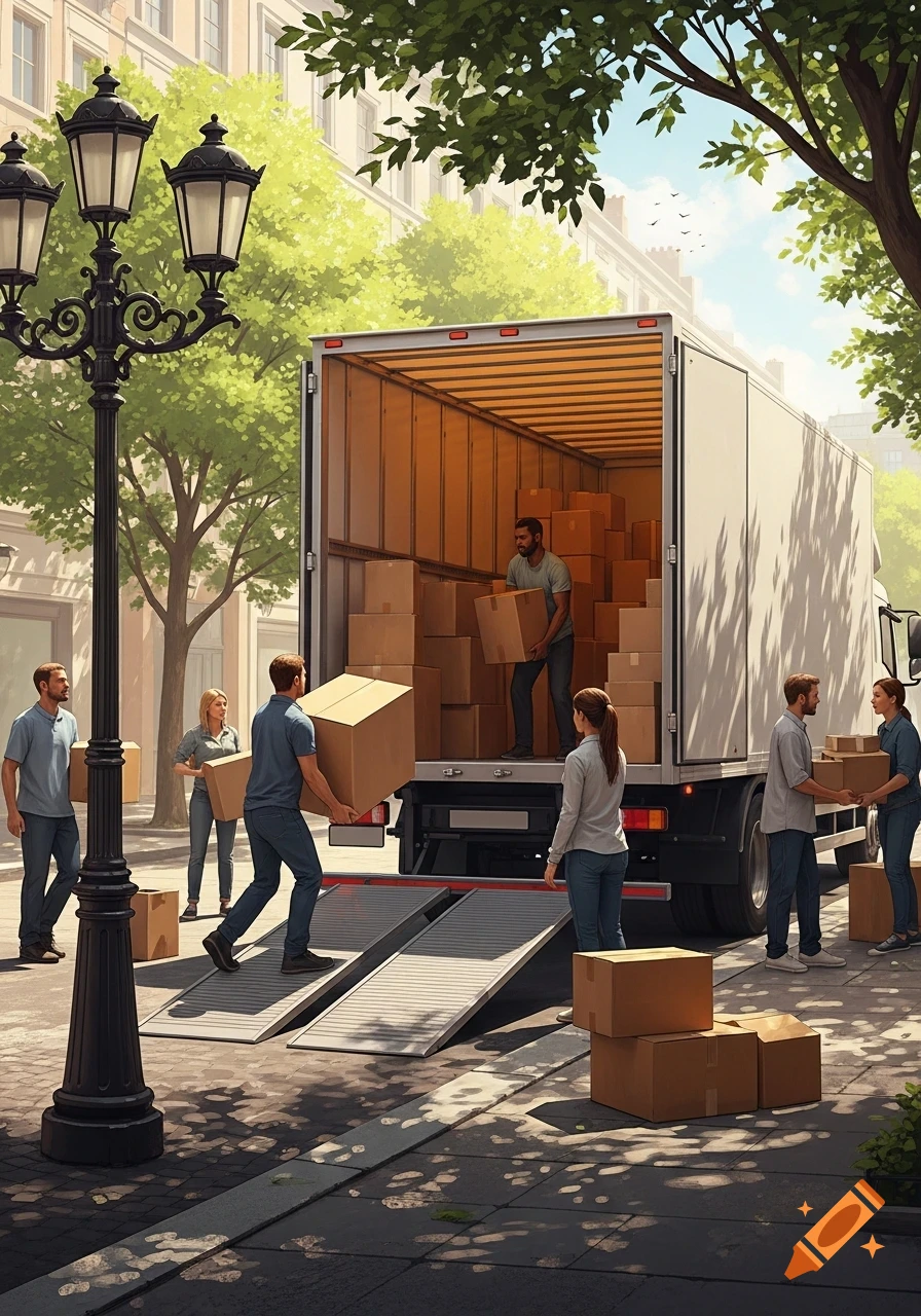 Several people load cardboard boxes onto a moving truck on a sunny city street lined with trees and buildings in a realistic illustration.