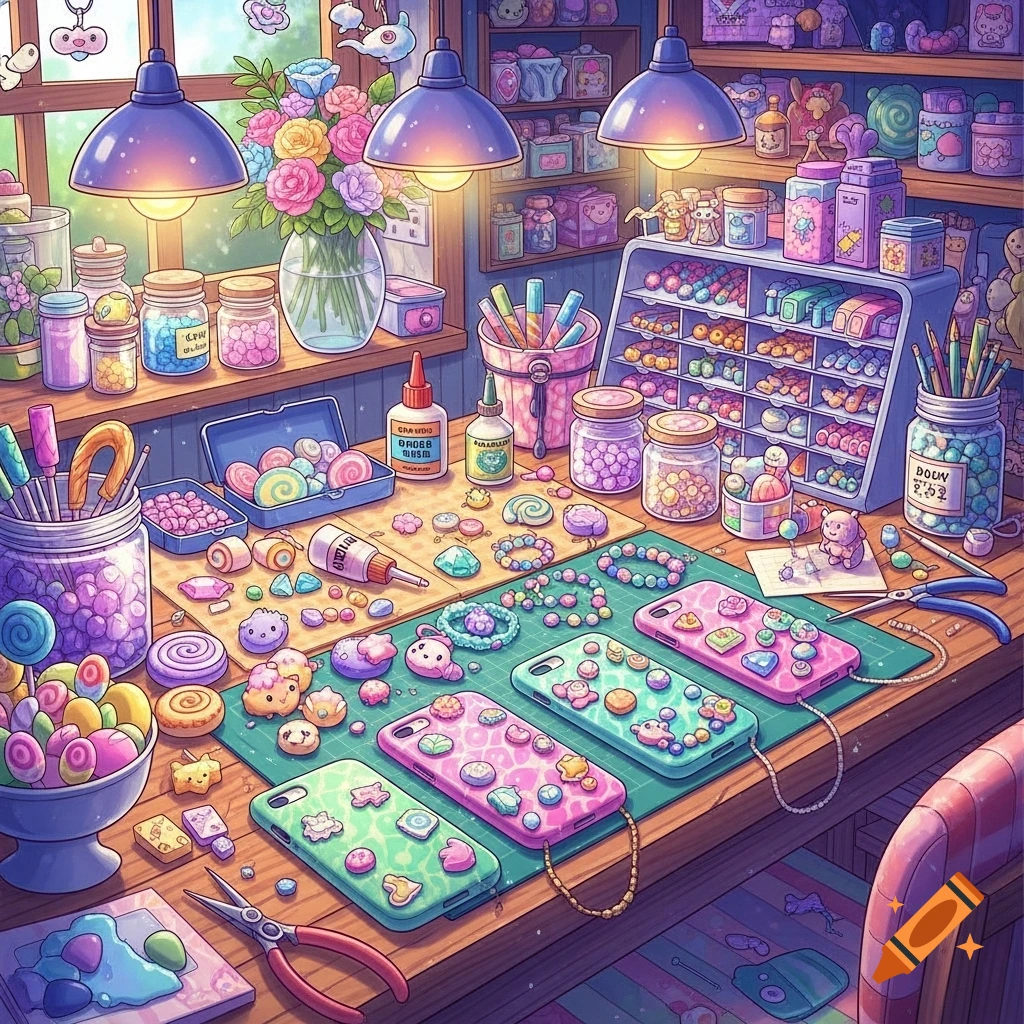 A vibrant, pastel-colored decoden craft workshop table filled with beads, phone cases, glue, tools, and various cute decorations.
