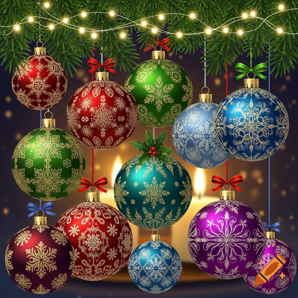 Vibrant Christmas ornaments with snowflake patterns hang from pine branches with string lights over a candlelit background.
