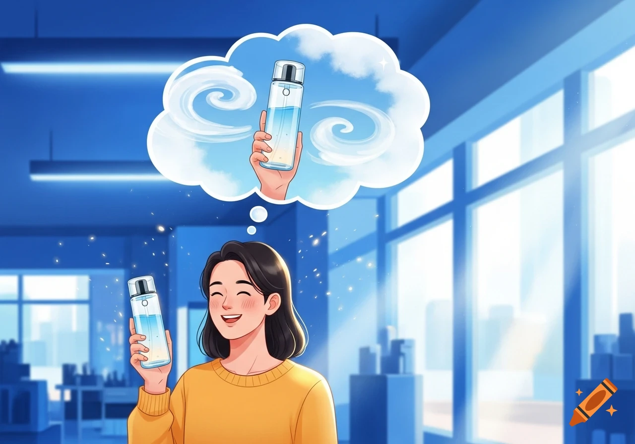 A happy woman in an orange sweater holds a clear water bottle, smiling as she thinks of another water bottle in a cloud thought bubble. Cartoon style.