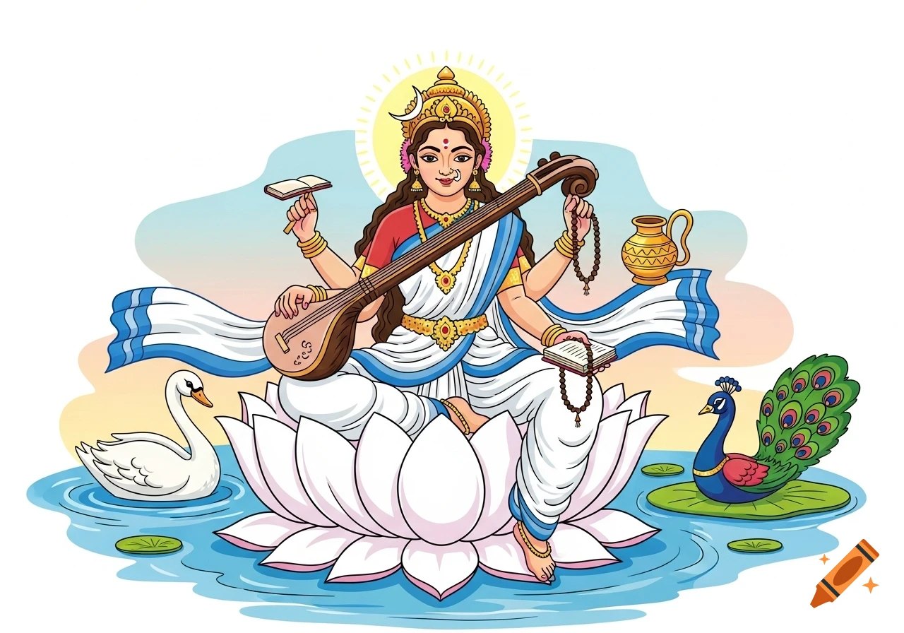 Cartoon illustration of Saraswati with four arms, holding a vina and books, seated on a lotus in water with a swan and peacock.