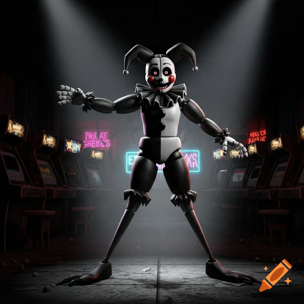 A fanmade FNAF Marionette animatronic with legs stands in a dark arcade room, surrounded by arcade machines and neon signs, under dramatic spotlights. The character has a jester hat, a black and white body, and a creepy face with pink eyes.