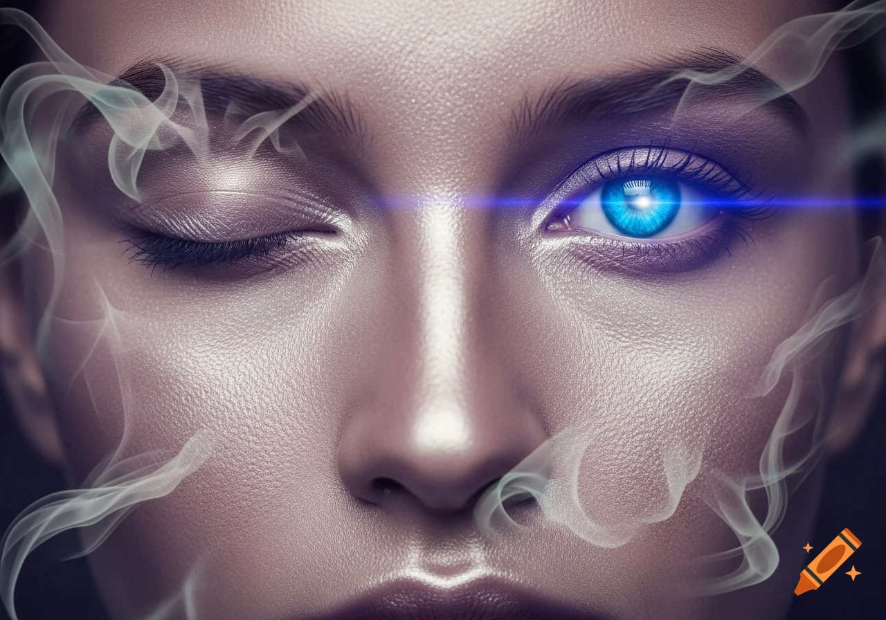 Close-up of a person's face with one eye closed and the other open and glowing blue, surrounded by smoke.
