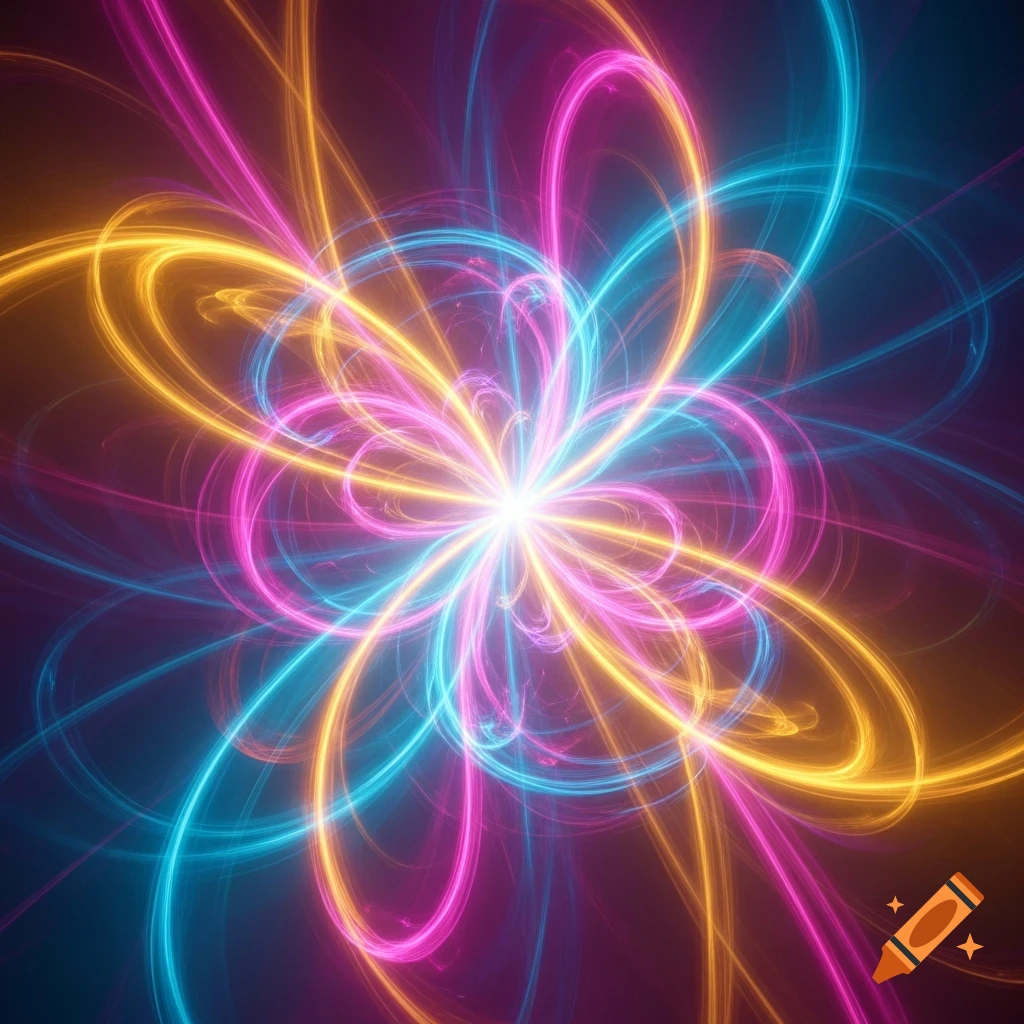 Vibrant abstract pattern of glowing pink, blue, and yellow light trails emanating from a bright white center.