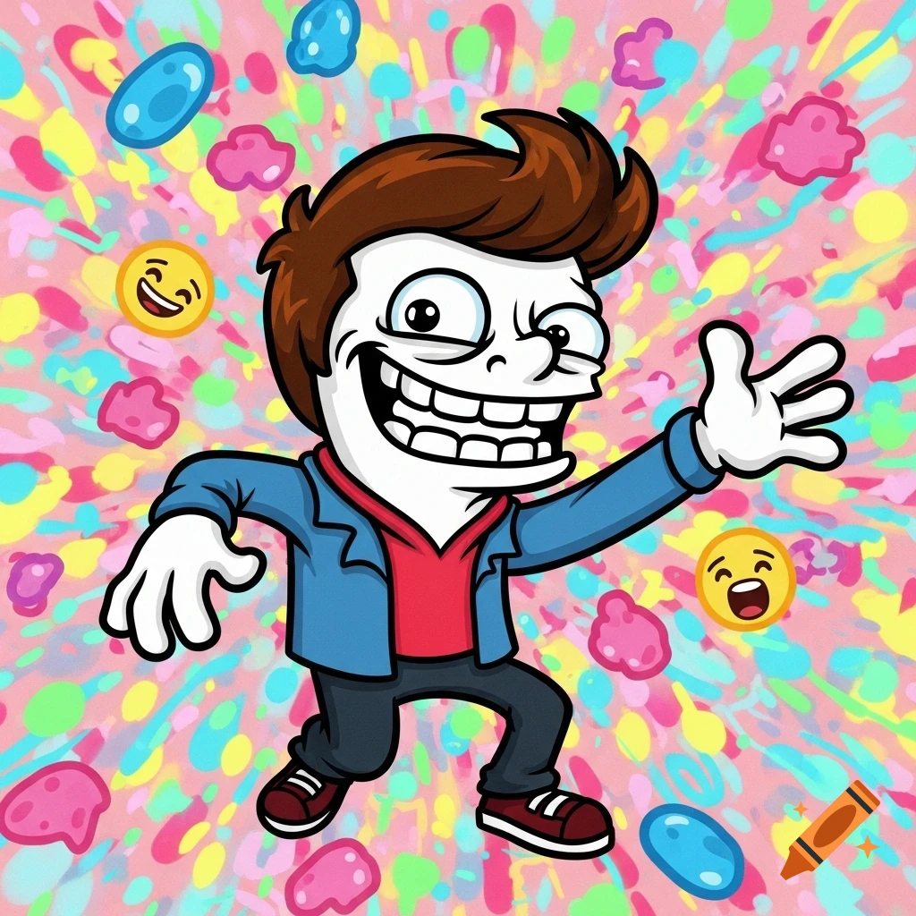 Cartoon man with wide grin and brown hair, resembling a meme character, in a blue jacket on a colorful splattered background with emojis.