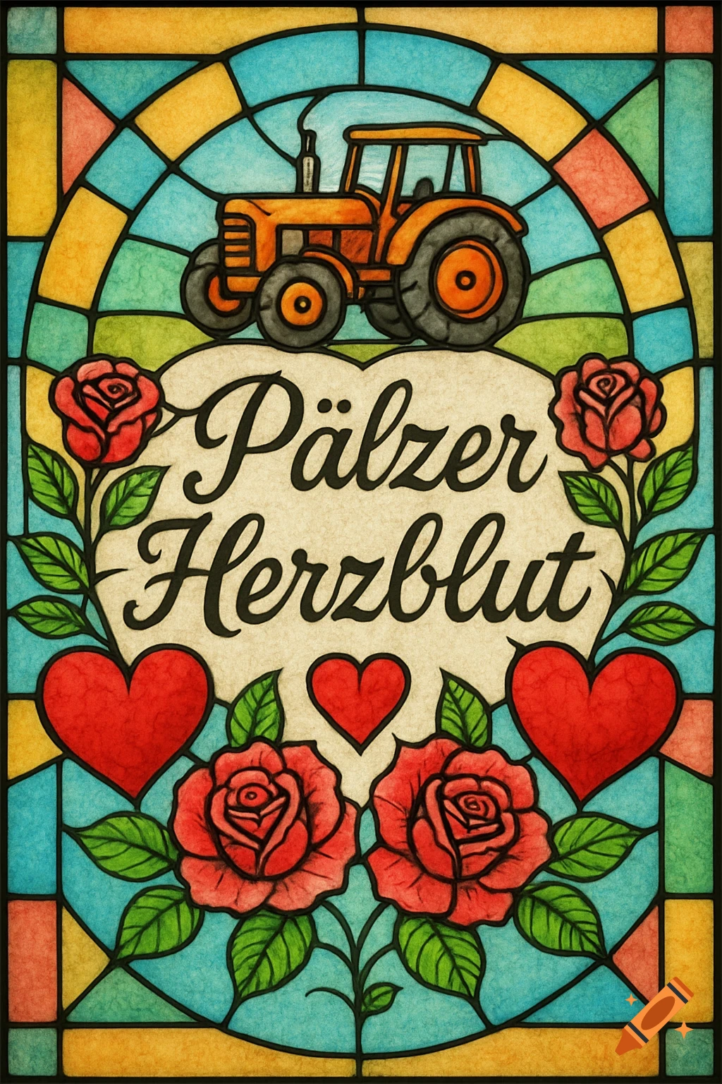 Stained-glass style art featuring an orange tractor, red roses, and hearts surrounding the German text 'Pälzer Herzblut' on a colorful background.