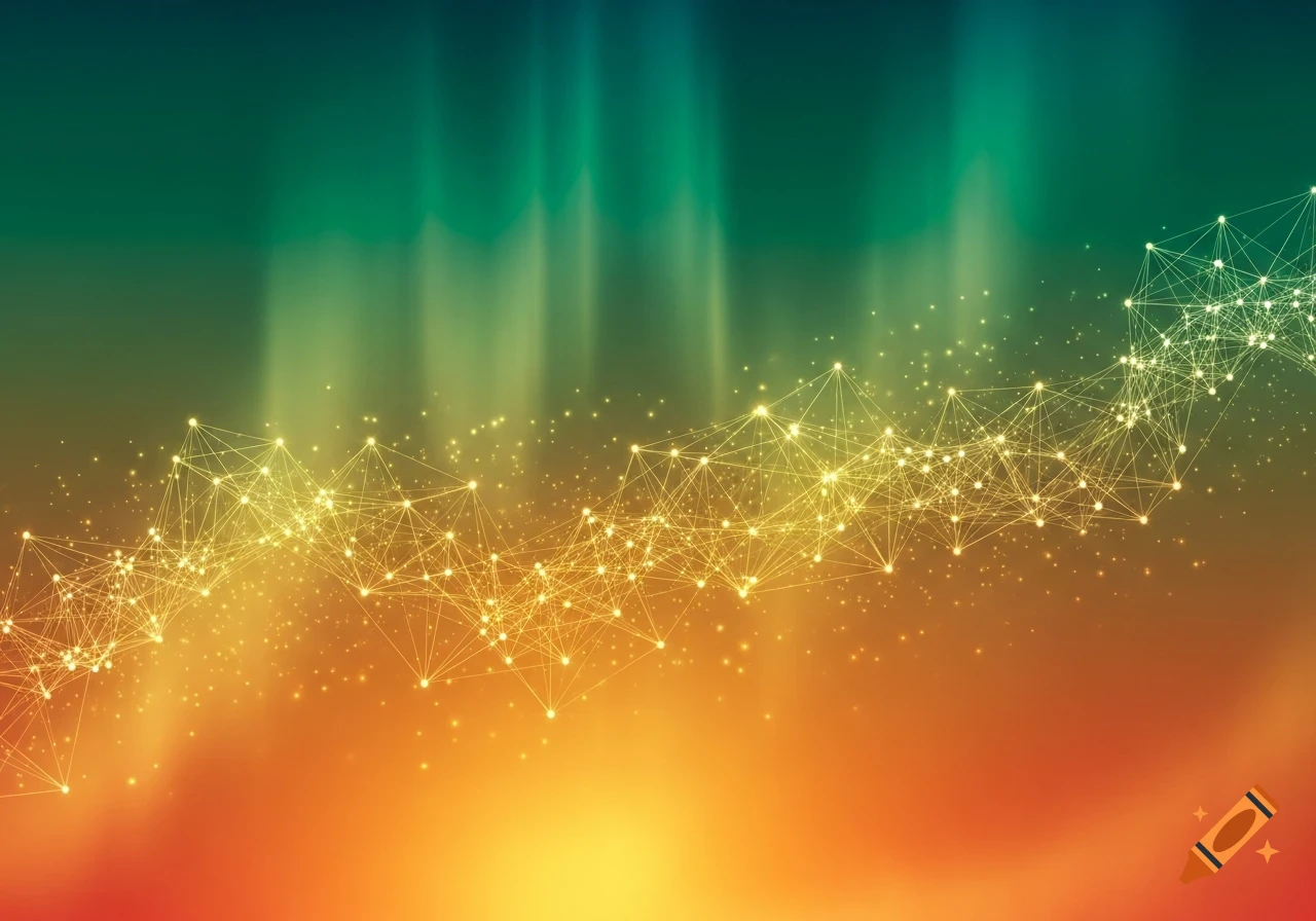 A vibrant abstract background with a green-to-orange gradient and a glowing network of connected points.