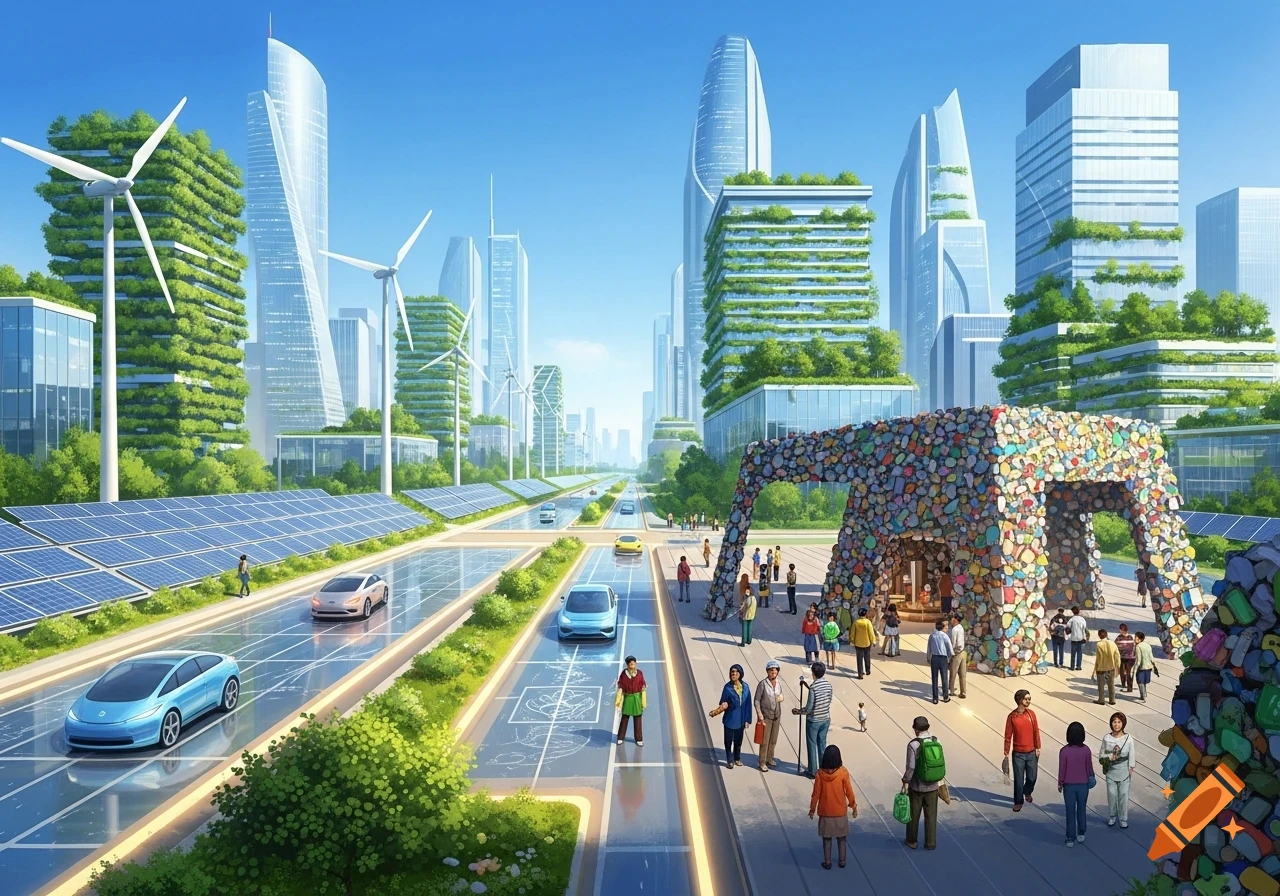 A vibrant, futuristic city with green skyscrapers, wind turbines, solar panel roads, electric cars, and a colorful arch of recycled waste.