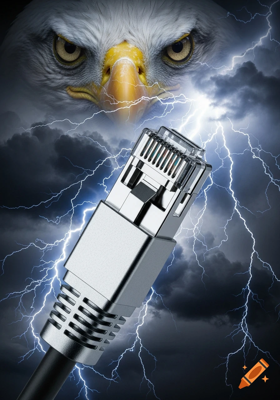 Close-up of an internet cable connector with intense lightning, against a stormy sky, above which an angry eagle's head with piercing eyes is visible.