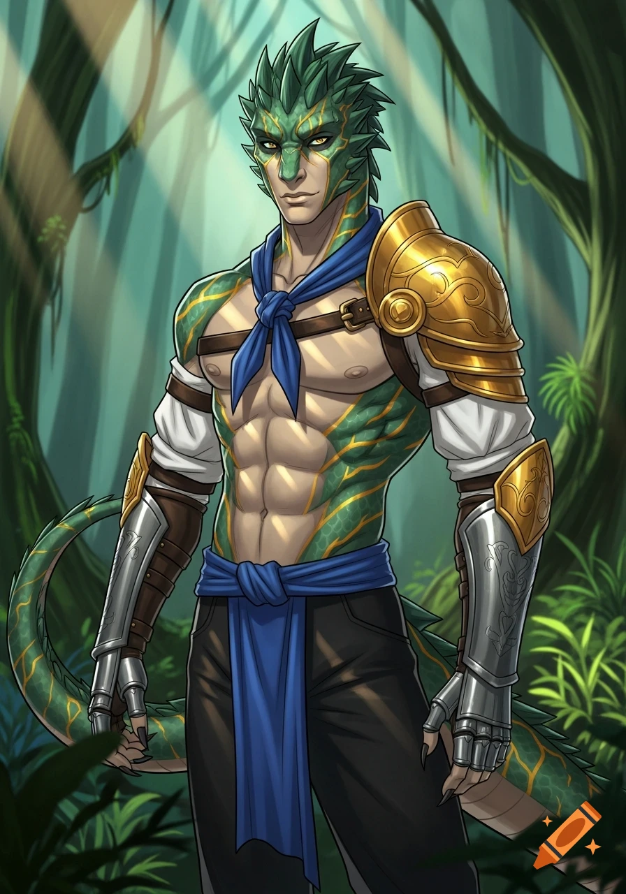 A muscular green dragonborn character with gold scales, a blue scarf, gold shoulder armor, and silver arm bracers stands in a rainforest, making eye contact.